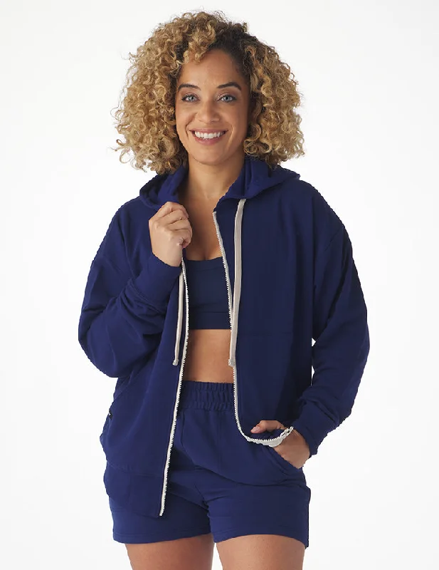Ruffled Cuff Women Long Sleeve Top with a Feminine TouchVintage Oversized Zip Up: Indigo Ruffled Cuff Women Long Sleeve Top with a Feminine TouchVintage Oversized Zip Up: Indigo