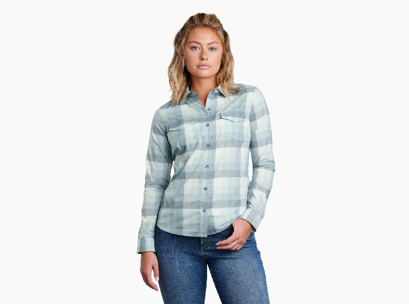 Ruffled Cuff Women Long Sleeve Top with a Feminine TouchWomen's Kamp Long Sleeve Flannal - Soft Jade Ruffled Cuff Women Long Sleeve Top with a Feminine TouchWomen's Kamp Long Sleeve Flannal - Soft Jade