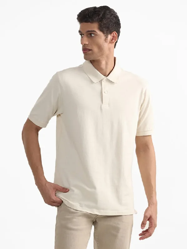 WES Casuals Plain Cream Polo Neck Cotton Blend Relaxed-Fit T-Shirt