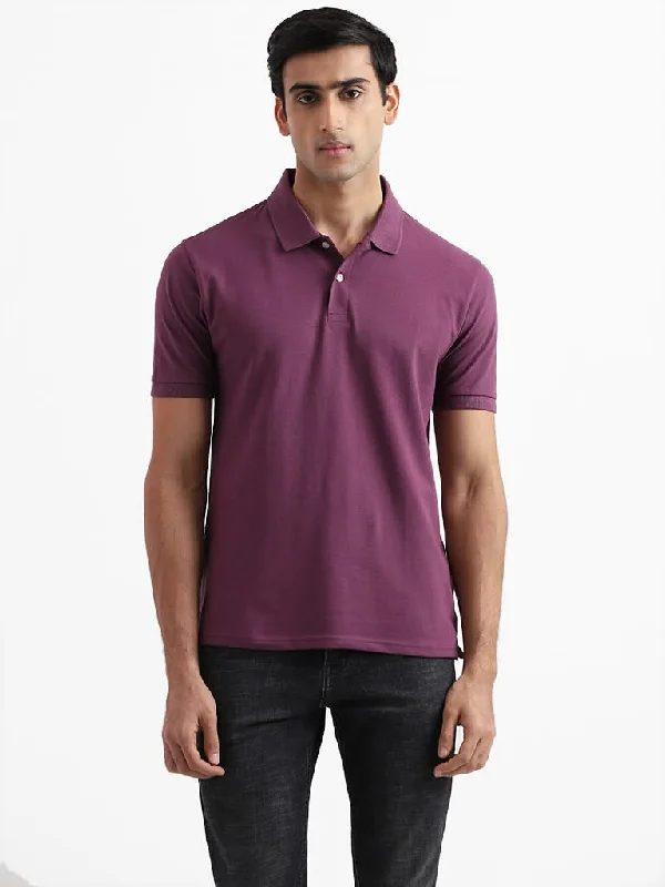 WES Casuals Solid Mauve Cotton Blend T-Shirt