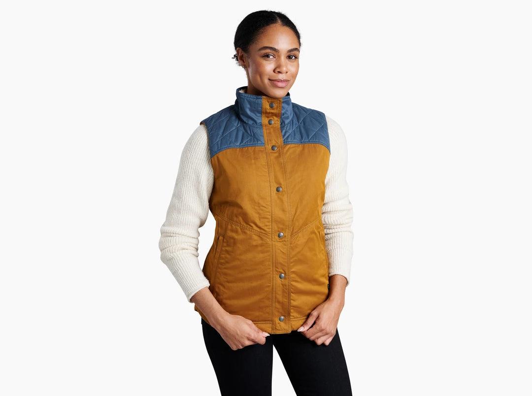 Mock Neck Women Long Sleeve Top for a Modern AestheticWomen's Celeste Lined Vest - Antique Gold/Dusty Blue Mock Neck Women Long Sleeve Top for a Modern AestheticWomen's Celeste Lined Vest - Antique Gold/Dusty Blue