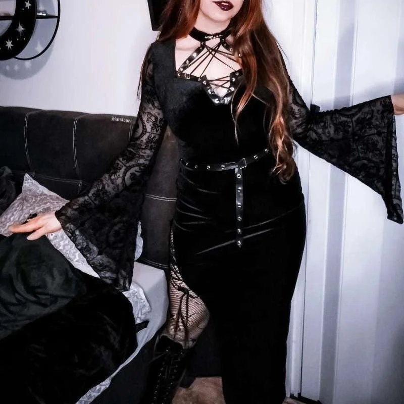 Mock Neck Women Long Sleeve Top for a Modern AestheticWomen's Gothic Flare Sleeved Velvet Slit Maxi Dress Mock Neck Women Long Sleeve Top for a Modern AestheticWomen's Gothic Flare Sleeved Velvet Slit Maxi Dress