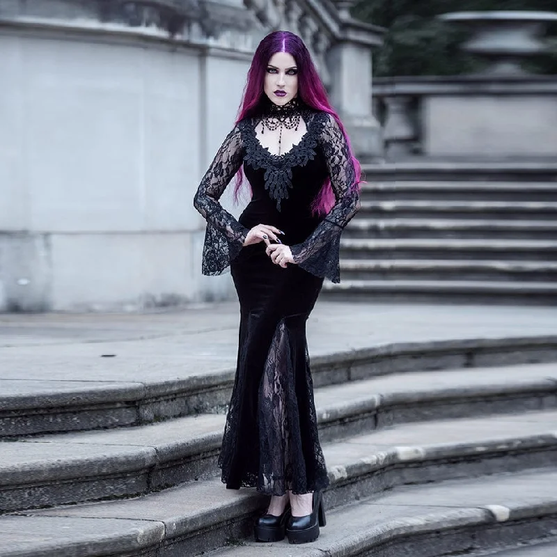 Pocket - Equipped Women Long Sleeve Top for Added FunctionalityWomen's Gothic Lace Splice Split Fishtail Dress Pocket - Equipped Women Long Sleeve Top for Added FunctionalityWomen's Gothic Lace Splice Split Fishtail Dress