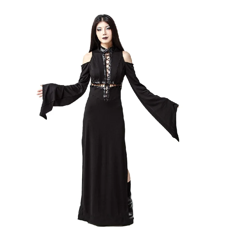 Button - Down Women Long Sleeve Top for a Classic StyleWomen's Gothic Lacing-up Trumpet Sleeved Maxi Dress Button - Down Women Long Sleeve Top for a Classic StyleWomen's Gothic Lacing-up Trumpet Sleeved Maxi Dress