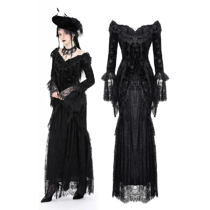 Lightweight Women Long Sleeve Top for Spring and AutumnWomen's Gothic Off Shoulder Lace Splice Velvet Dress