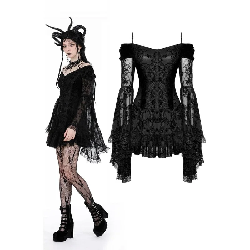 Cropped Women Long Sleeve Top to Pair with High - Waisted BottomsWomen's Gothic Off Shoulder Velvet Splice Mesh Dress