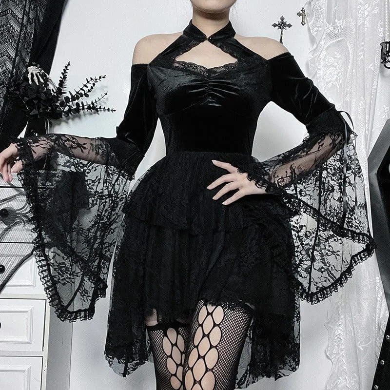 Ribbed Women Long Sleeve Top with a Textured AppealWomen's Gothic Trumpet Sleeved Lace Velvet Dress Ribbed Women Long Sleeve Top with a Textured AppealWomen's Gothic Trumpet Sleeved Lace Velvet Dress