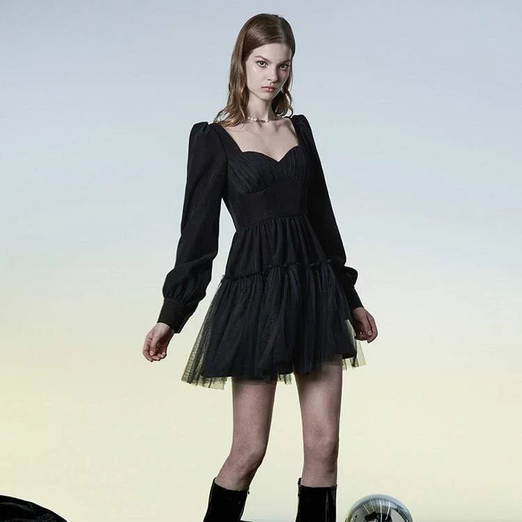 Women's Punk Puff Sleeved Layered Black Dress