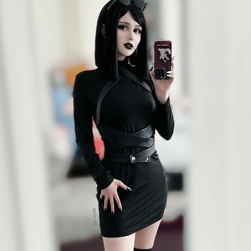 Turtleneck Women Long Sleeve Top for Cold Winter DaysWomen's Punk Turtleneck Faux Leather Strap Splice Dress Turtleneck Women Long Sleeve Top for Cold Winter DaysWomen's Punk Turtleneck Faux Leather Strap Splice Dress