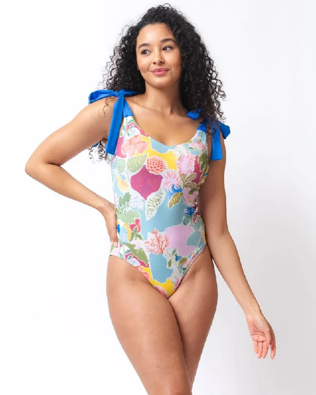 Plus Size Women's Boho - Style One - Pieces in Multicolor with Tassels for a Festival VibeAbstract Shell Shoulder-Tie One-Piece