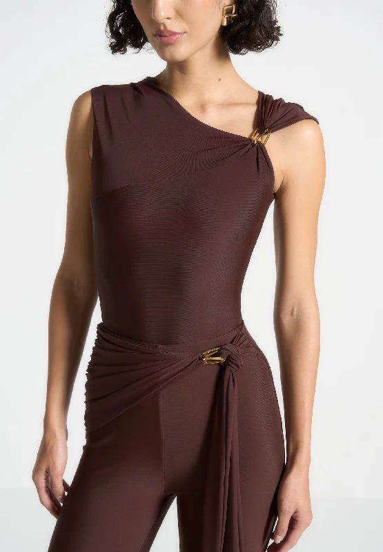 Neon Bodysuits to Stand Out at PartiesBodysuit with Hardware Detail - Brown