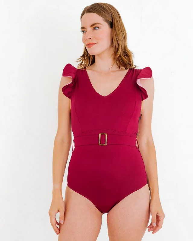 Women's Lace - Embellished One - Pieces in Cream for a Romantic and Vintage - Inspired LookBurgundy Ruffle One-Piece