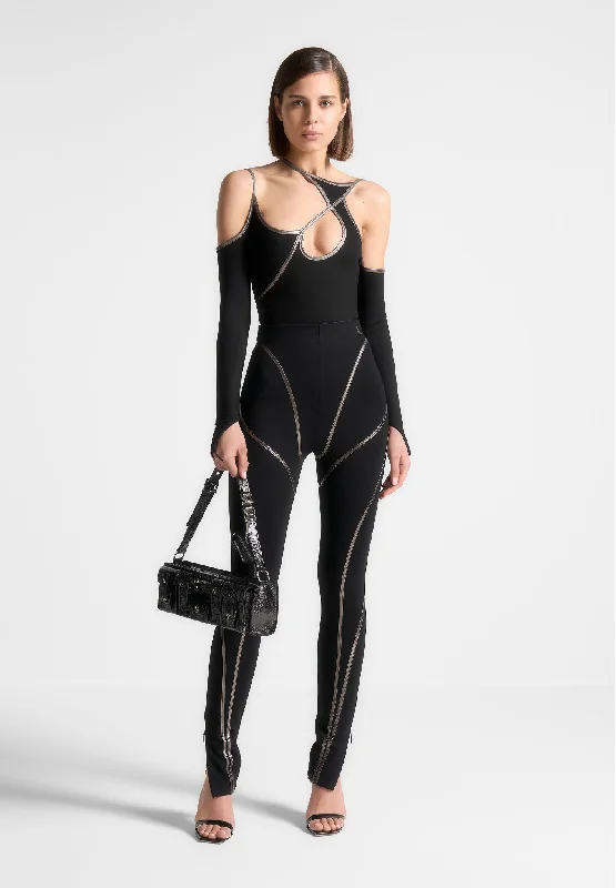 Compression Bodysuits for Post - Workout RecoveryChrome Piped Contour Bodysuit - Black