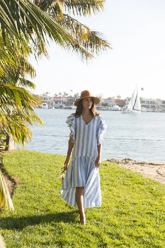 Clara Cover-Up Dress - Blue Linen Stripe