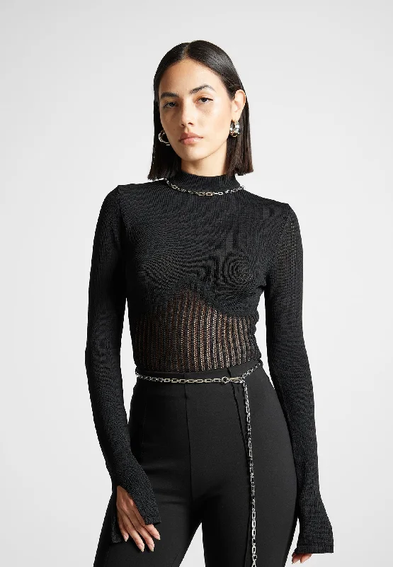 Mesh Bodysuits for a Bold and Edgy Fashion StatementContour Knit Bodysuit with Chain - Black
