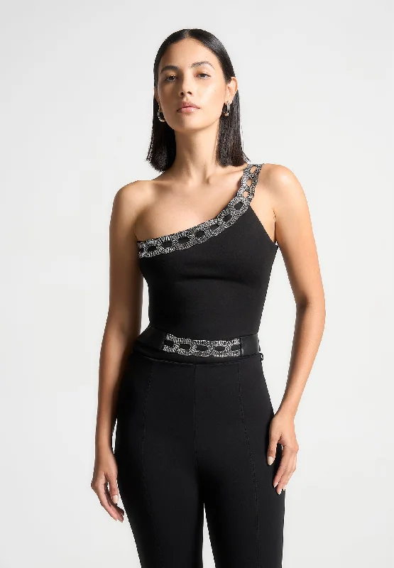 Convertible Straps Bodysuits for Multiple Styling OptionsEmbellished One Shoulder Bodysuit - Black