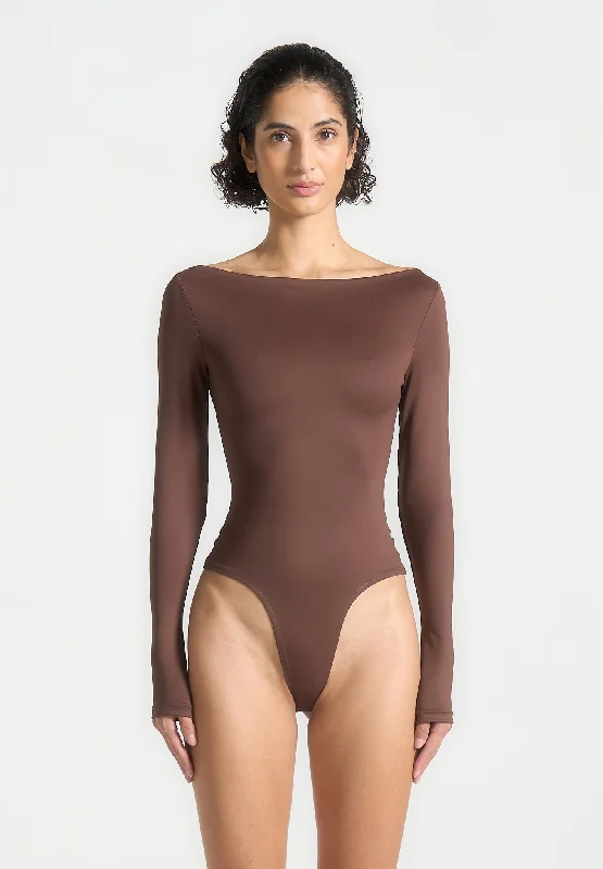 Ruffled Bodysuits with a Playful and Feminine TouchÉternelle Boat Neck Bodysuit - Brown