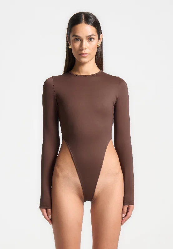 Mesh Bodysuits for a Bold and Edgy Fashion StatementÉternelle High Leg Long Sleeve Bodysuit - Brown