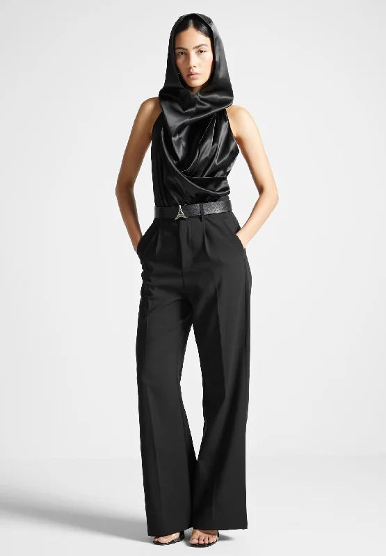 Ruffled Bodysuits with a Playful and Feminine TouchHooded Cowl Neck Satin Wrap Bodysuit - Black
