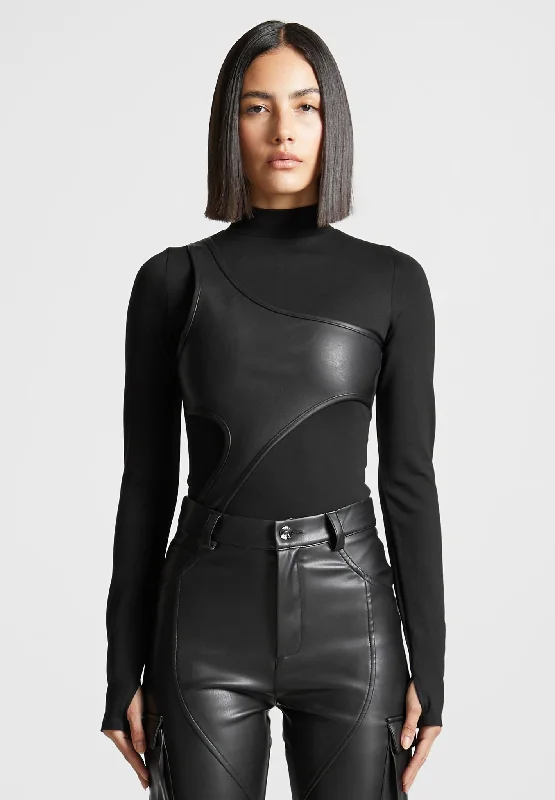 Crop Bodysuits to Pair with High - Waisted BottomsLeather Overlay High Neck Bodysuit - Black