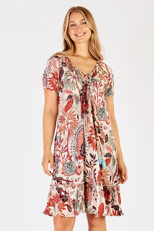 Mini - length cover ups for a more daring and youthful beach styleLula Life Gina Shirred Printed Lagoon Dress White