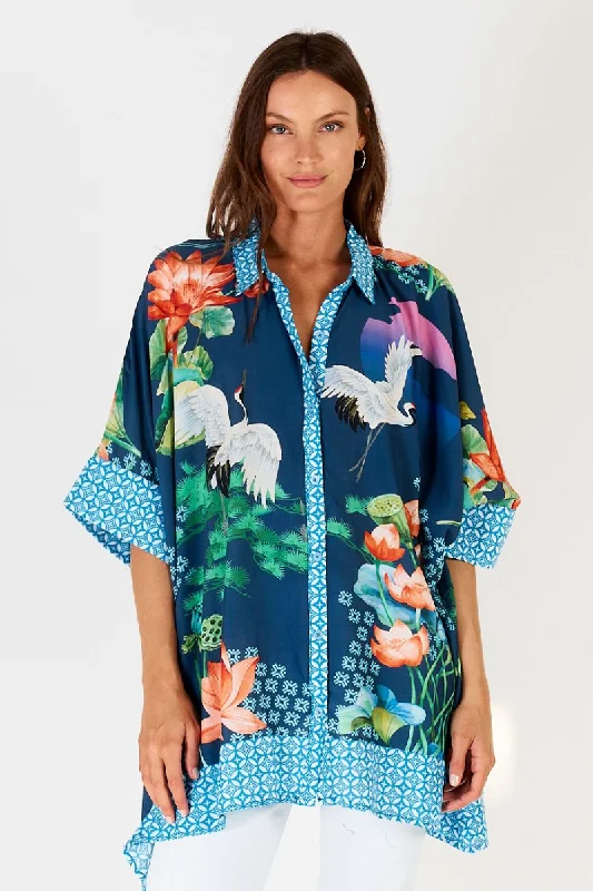 Plus - size floral print cover ups for a stylish beach lookLula Soul Yoshiko Kaftan Shirt Long Sleeve Blue