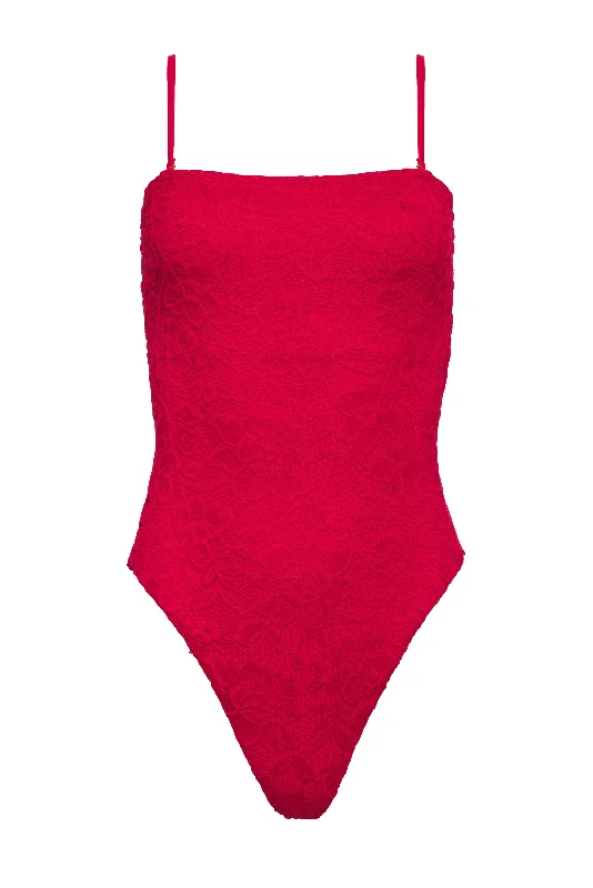 Women's Sleeveless One - Pieces in Yellow with Floral Appliques for a Cheerful and Spring - Like LookSabrina One Piece - Red Lace