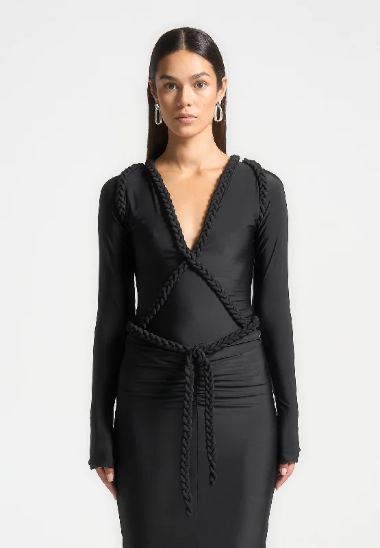 Sheer Bodysuits for a Seductive and Alluring OutfitPlait Detail Plunge Bodysuit - Black