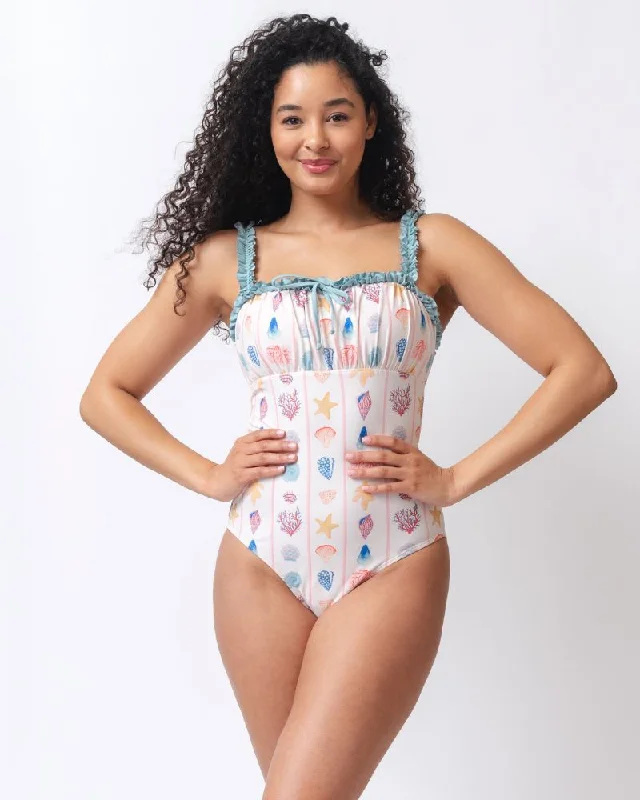 Women's Lace - Embellished One - Pieces in Cream for a Romantic and Vintage - Inspired LookShell Stripe Ruffle-Strap One-Piece
