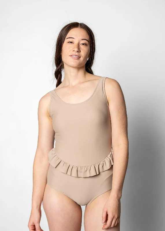 Plus Size Women's Ruffled Hem One - Pieces in Pink for a Feminine and Flirty Summer OutfitTaupe | Skirted One-Piece