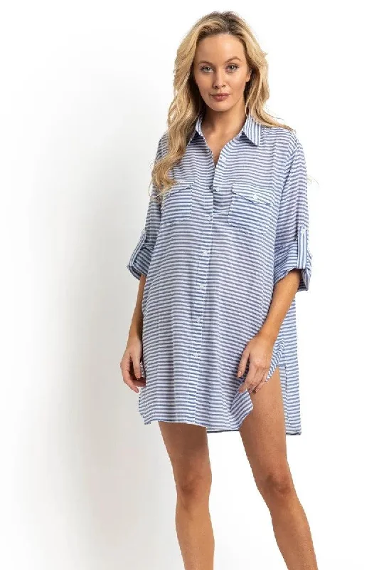 Animal - print cover ups for a bold and edgy beach styleSunseeker Summer Stripe Button Through Shirt Blue