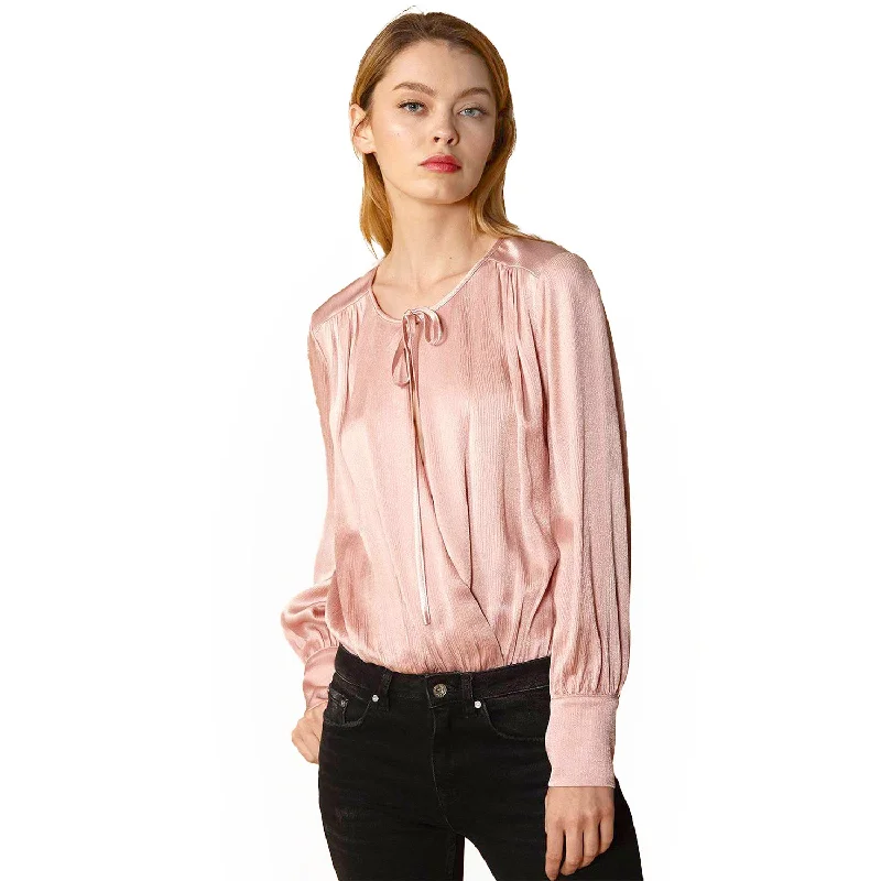 Crop Bodysuits to Pair with High - Waisted BottomsTie-Neck Long Sleeve Bodysuit in Fall Pink
