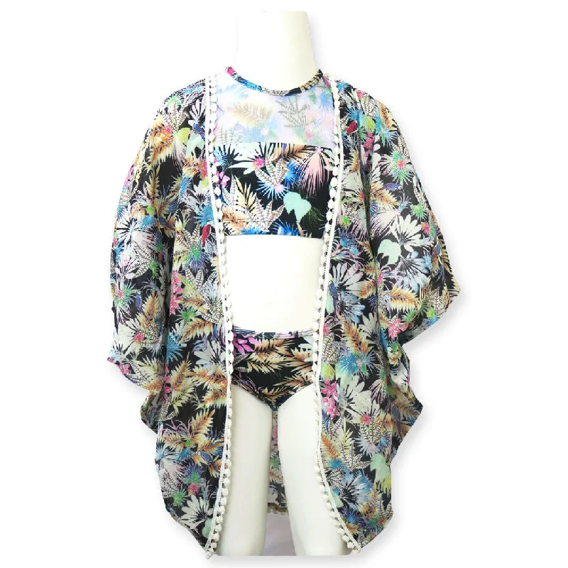 Round - neck cover ups for a classic and simple lookTropical Bird Black Kimono