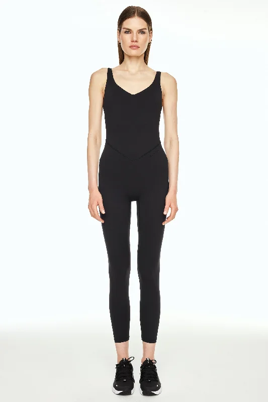 Women's Cut - Out One - Pieces in Black with Geometric Shapes for a Modern and Edgy StyleV-Neck Tempo Full Length Catsuit - Black