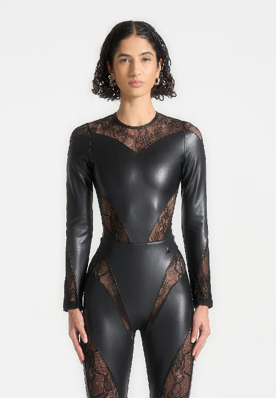Neon Bodysuits to Stand Out at PartiesLeather and Lace Contour Bodysuit - Black