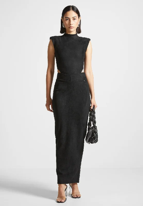 Metallic Bodysuits for a Glitzy and Glamorous Night OutSuede Wide Shoulder Bodysuit - Black