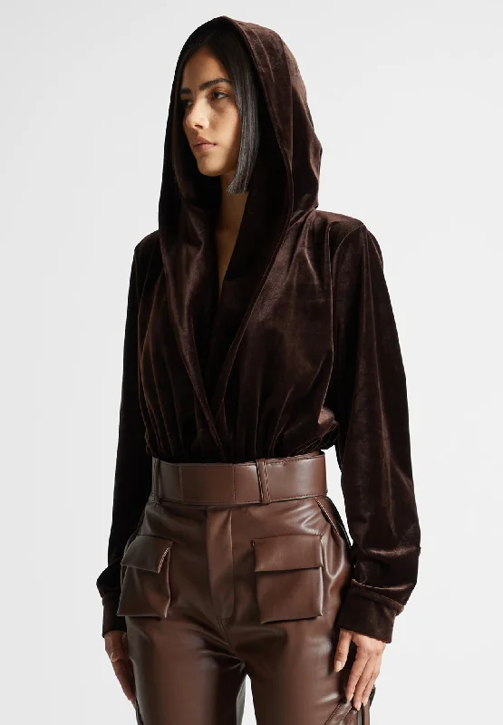 Button - Front Bodysuits with a Classic and Timeless AppealVelour Hooded Bodysuit - Brown