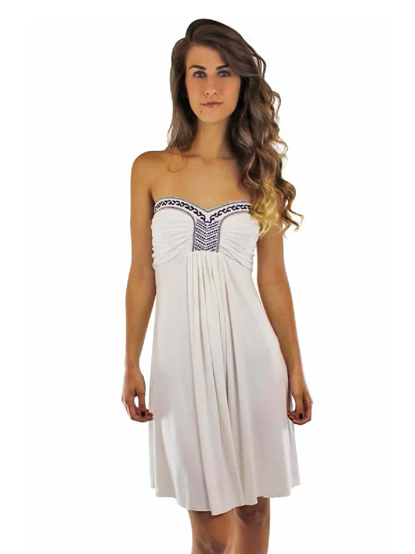 White Strapless Dress Beach Cover Up With Embroidery