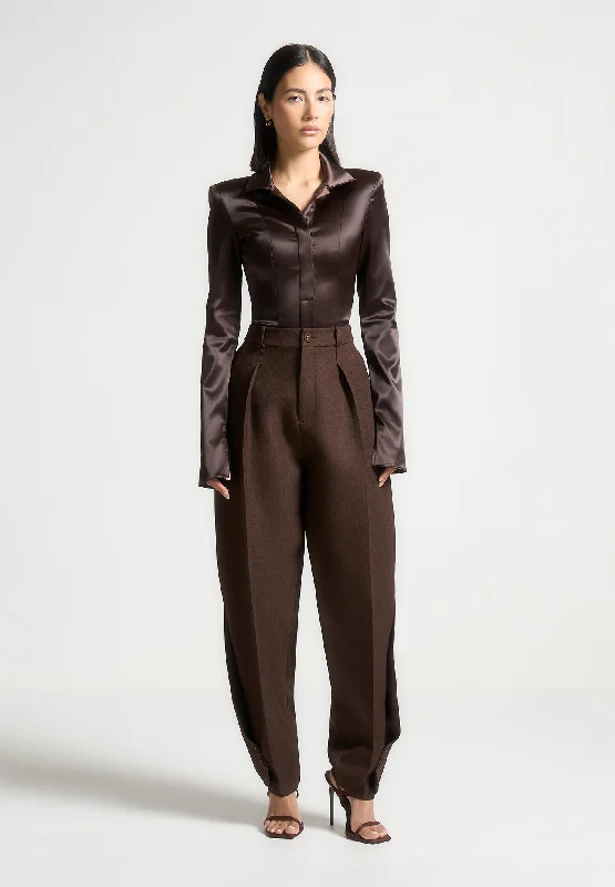Organic Cotton Bodysuits for an Eco - Friendly and Comfortable OptionWide Shoulder Satin Shirt Bodysuit - Brown