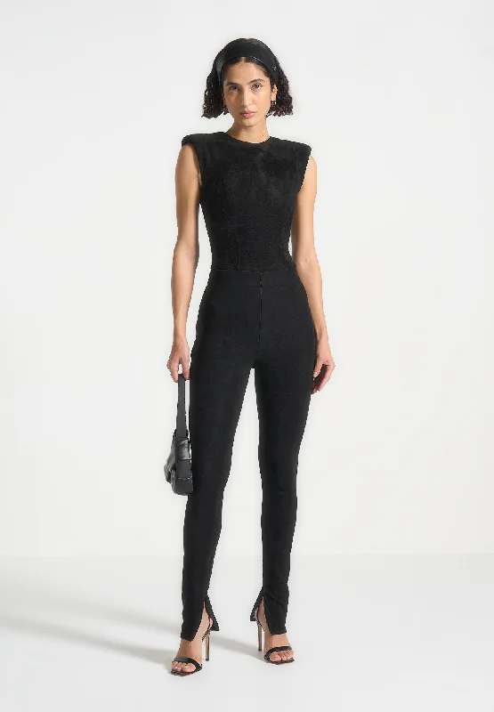 Seamless Bodysuits for a Smooth Underwear LookWide Shoulder Suede Bodysuit - Black