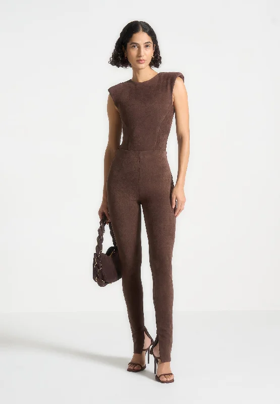 Thermal Bodysuits for Extra Warmth in WinterWide Shoulder Suede Bodysuit - Brown