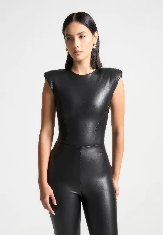 Button - Front Bodysuits with a Classic and Timeless AppealWide Shoulder Leather Bodysuit - Black