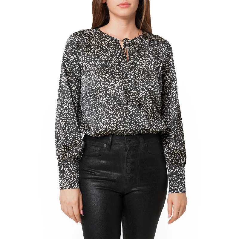 Sleeveless Bodysuits for a Cool and Casual Summer LookWomen's Tie-neck Long Sleeve Bodysuit in Black Leopard